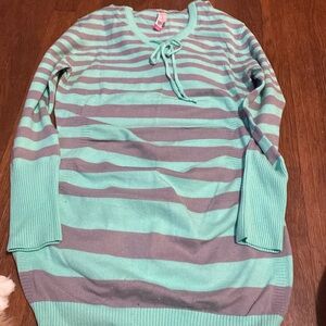 Long green and grey striped sweater